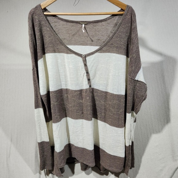 Free People Sweaters - Free People Beach Womens Large Brown Striped Linen Blend Henley Sweater Oversize